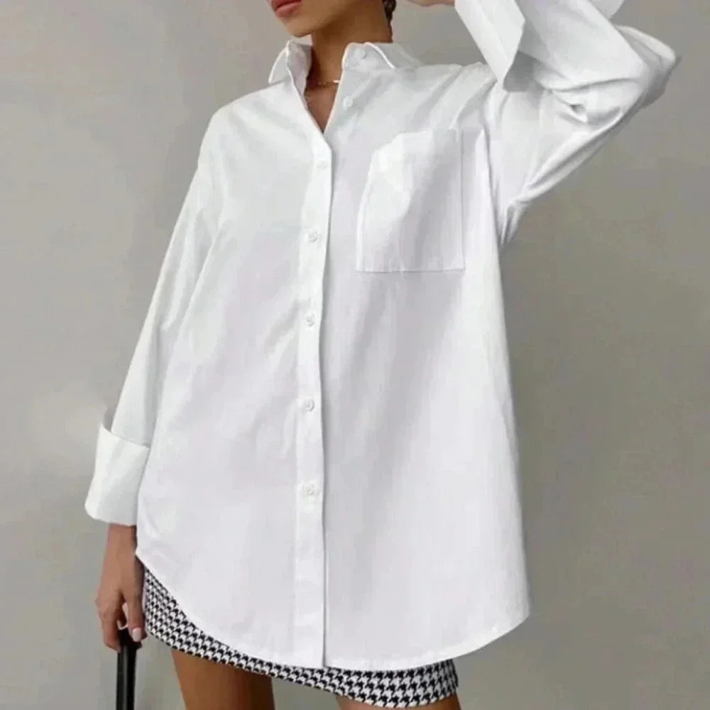 White Casual Women's Loose Long Sleeved Shirt